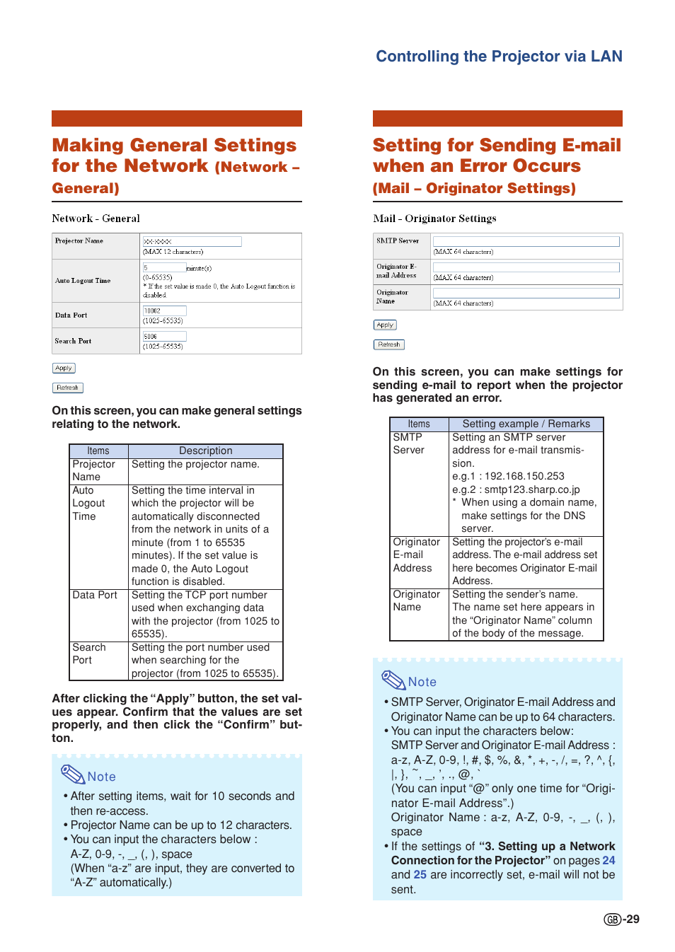 Making general settings for the network, Setting for sending e-mail when an error occurs, Controlling the projector via lan | Network – general), Mail – originator settings) | Sharp XG-P610X User Manual | Page 29 / 59