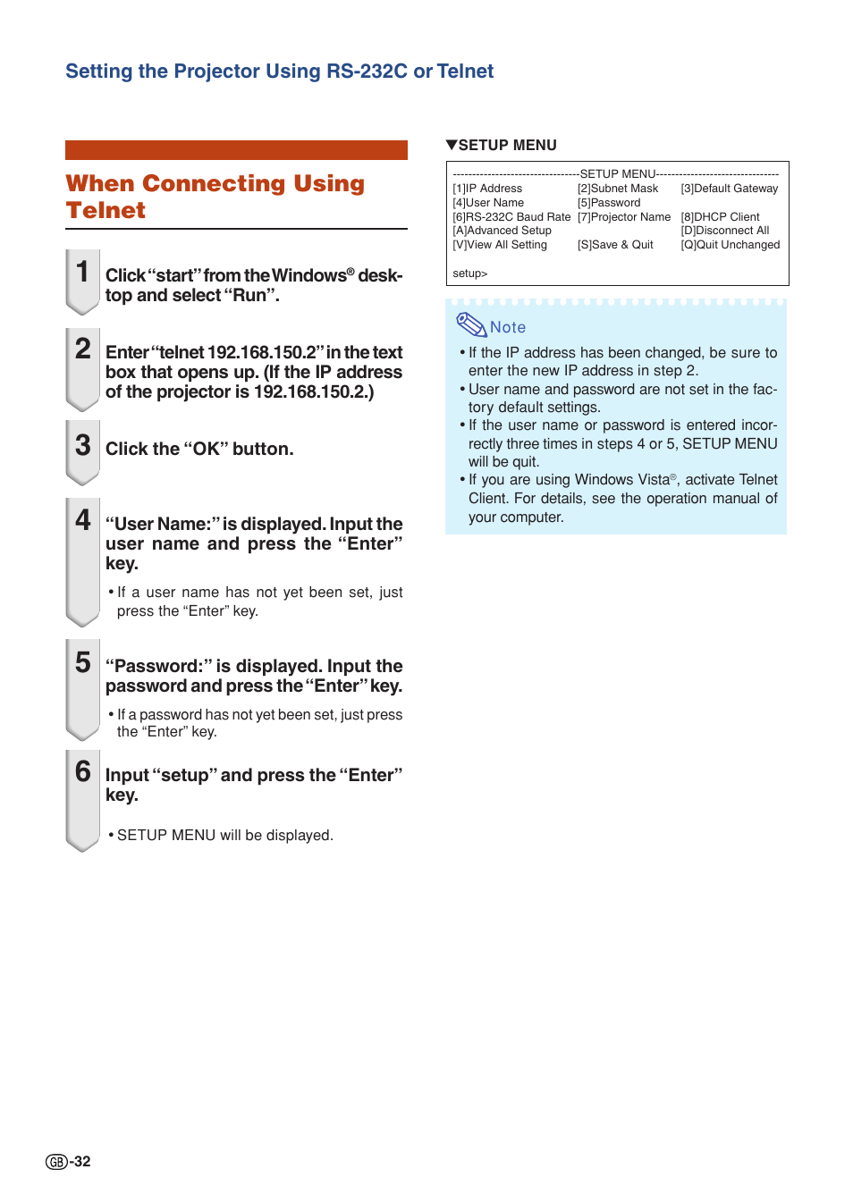 When connecting using telnet, Setting the projector using rs-232c or telnet | Sharp XG-P610X User Manual | Page 32 / 59