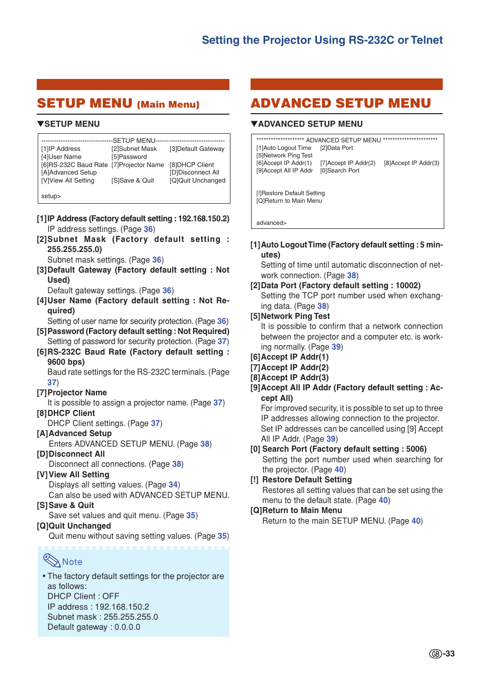 Setup menu, Advanced setup menu, Setting the projector using rs-232c or telnet | Sharp XG-P610X User Manual | Page 33 / 59