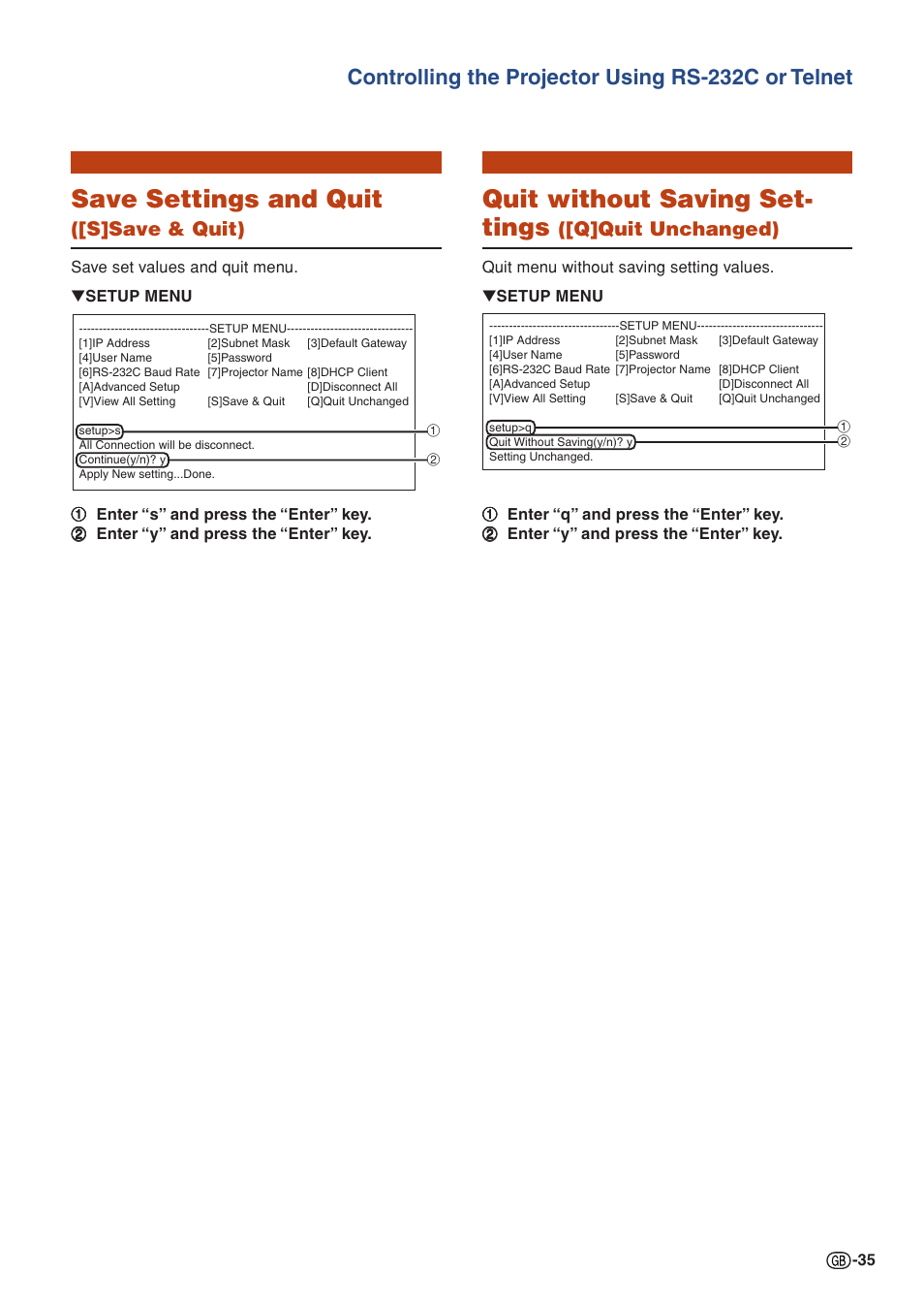 Save settings and quit, Quit without saving set- tings, Controlling the projector using rs-232c or telnet | S]save & quit), Q]quit unchanged) | Sharp XG-P610X User Manual | Page 35 / 59