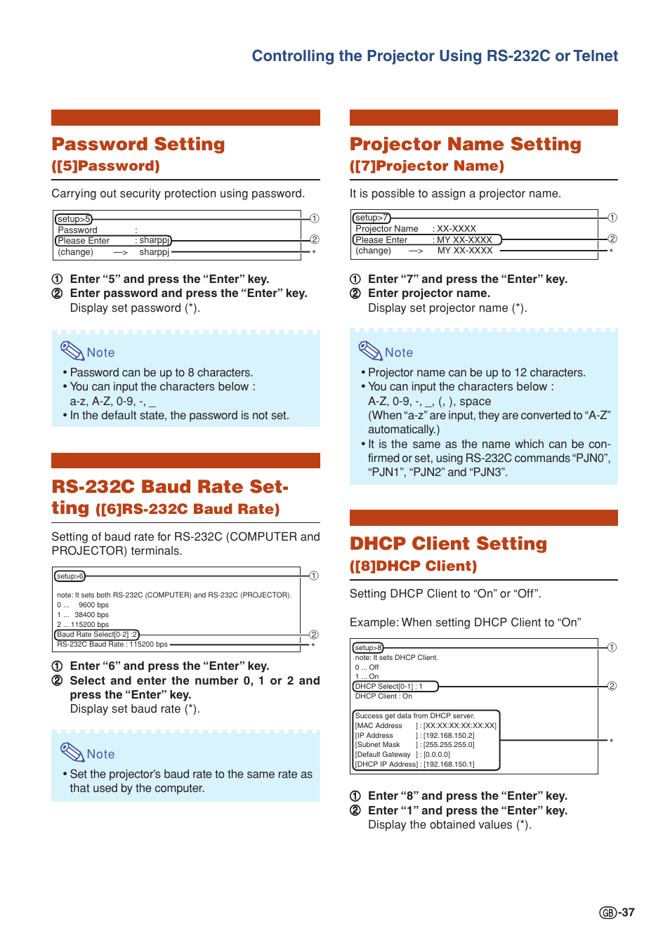 Password setting, Rs-232c baud rate set- ting, Projector name setting | Dhcp client setting, Controlling the projector using rs-232c or telnet, 5]password), 6]rs-232c baud rate), 7]projector name), 8]dhcp client) | Sharp XG-P610X User Manual | Page 37 / 59