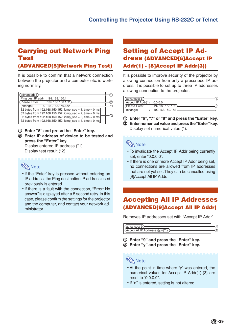 Carrying out network ping test, Setting of accept ip ad- dress, Accepting all ip addresses | Controlling the projector using rs-232c or telnet, Advanced[5]network ping test), Advanced[9]accept all ip addr) | Sharp XG-P610X User Manual | Page 39 / 59