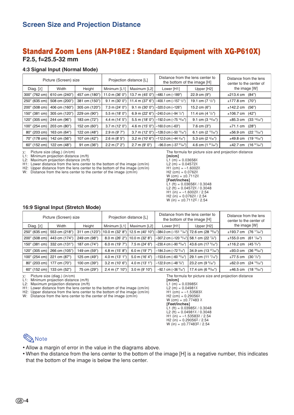 Screen size and projection distance, 3 signal input (normal mode), 9 signal input (stretch mode) | Sharp XG-P610X User Manual | Page 4 / 59