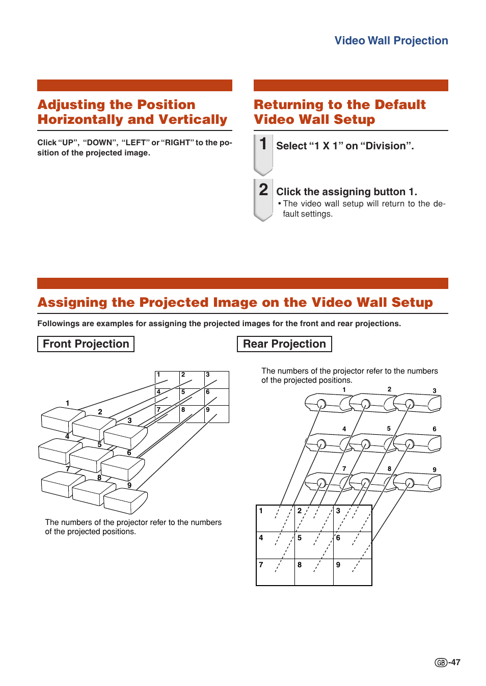 Adjusting the position horizontally and vertically, Returning to the default video wall setup, Video wall projection | Front projection rear projection, Select “1 x 1” on “division, Click the assigning button 1 | Sharp XG-P610X User Manual | Page 47 / 59