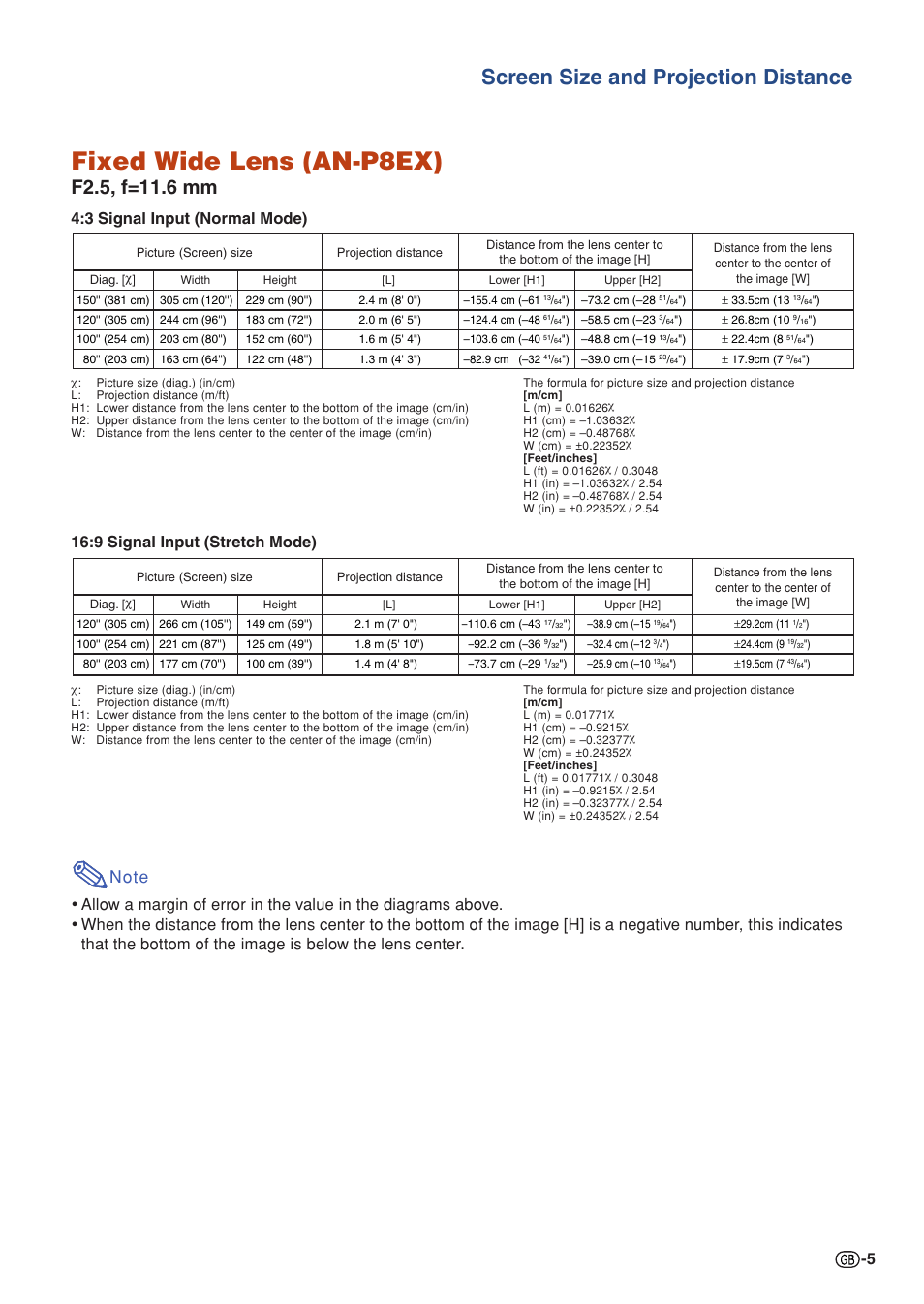 Fixed wide lens (an-p8ex), Screen size and projection distance, 3 signal input (normal mode) | 9 signal input (stretch mode) | Sharp XG-P610X User Manual | Page 5 / 59