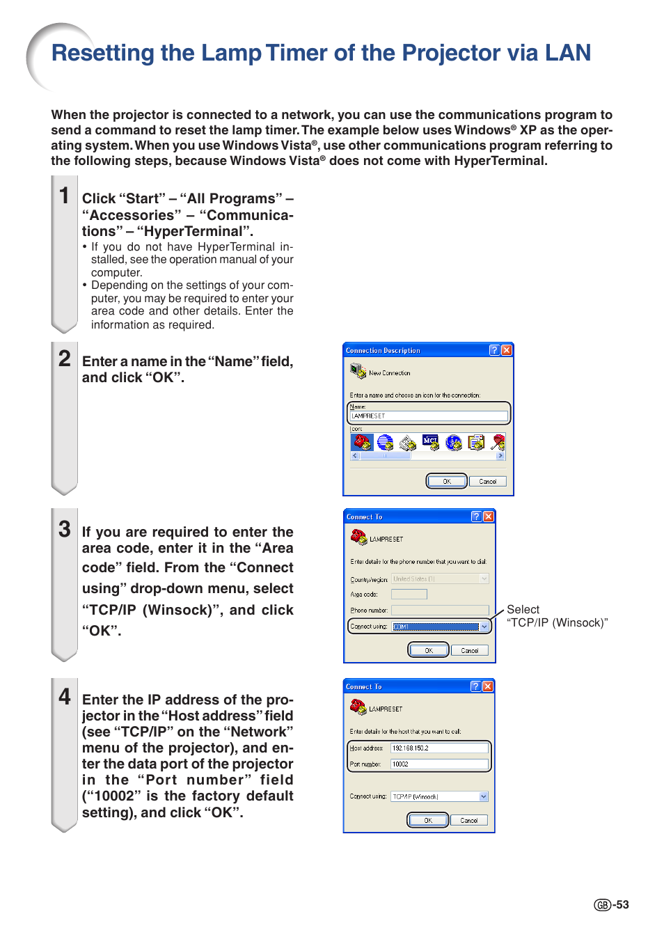 Resetting the lamp timer of the projector via lan | Sharp XG-P610X User Manual | Page 53 / 59