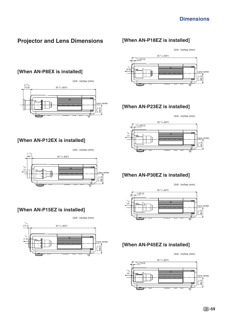 Projector and lens dimensions, Dimensions, When an-p18ez is installed | Sharp XG-P610X User Manual | Page 59 / 59