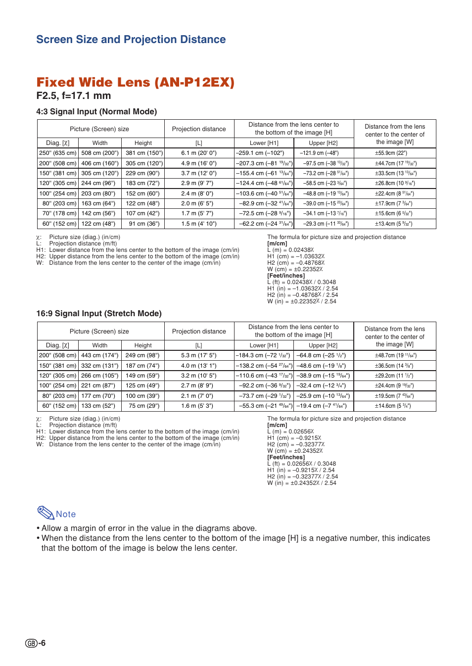 Fixed wide lens (an-p12ex), Screen size and projection distance, 3 signal input (normal mode) | 9 signal input (stretch mode) | Sharp XG-P610X User Manual | Page 6 / 59