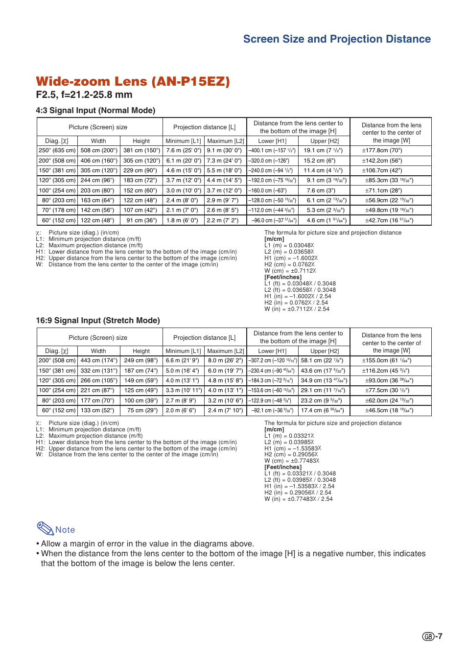 Wide-zoom lens (an-p15ez), Screen size and projection distance, 3 signal input (normal mode) | 9 signal input (stretch mode) | Sharp XG-P610X User Manual | Page 7 / 59