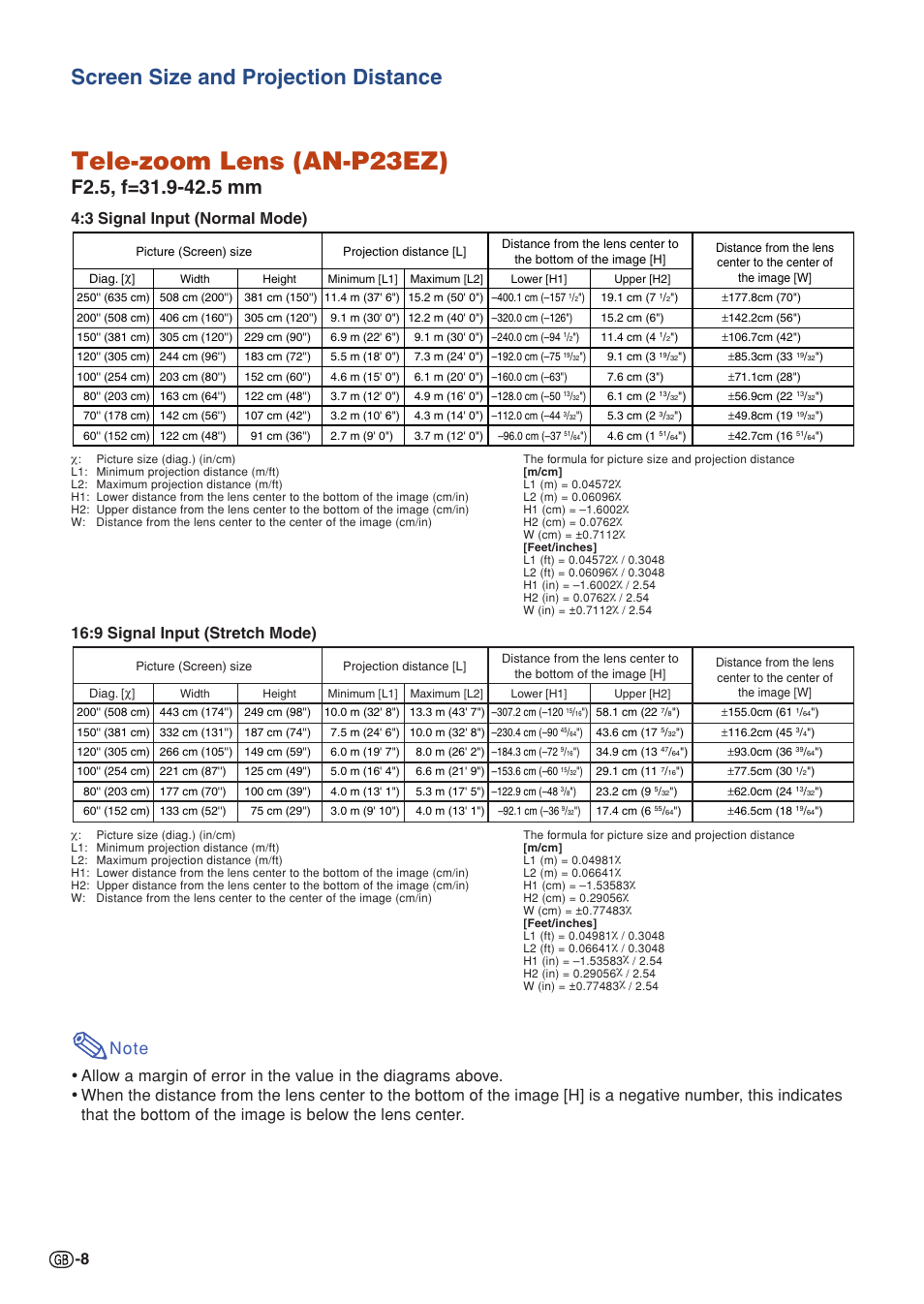 Tele-zoom lens (an-p23ez), Screen size and projection distance, 9 signal input (stretch mode) | Sharp XG-P610X User Manual | Page 8 / 59