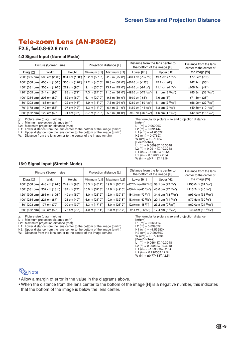 Tele-zoom lens (an-p30ez), Screen size and projection distance, 9 signal input (stretch mode) | Sharp XG-P610X User Manual | Page 9 / 59