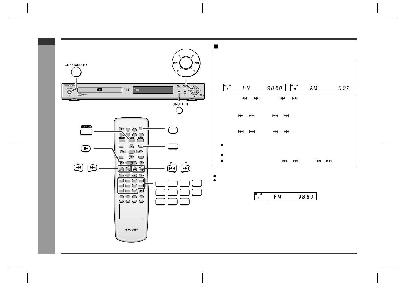 Listening to the radio, Ra dio opera tion, Manual or auto tuning | E-39, Lis te n ing t o the r a dio, Fm am, When an fm stereo broadcast is received, After use, Press the on/stand-by button to turn the power on, Auto tuning | Sharp HT-CN400DVH User Manual | Page 46 / 61