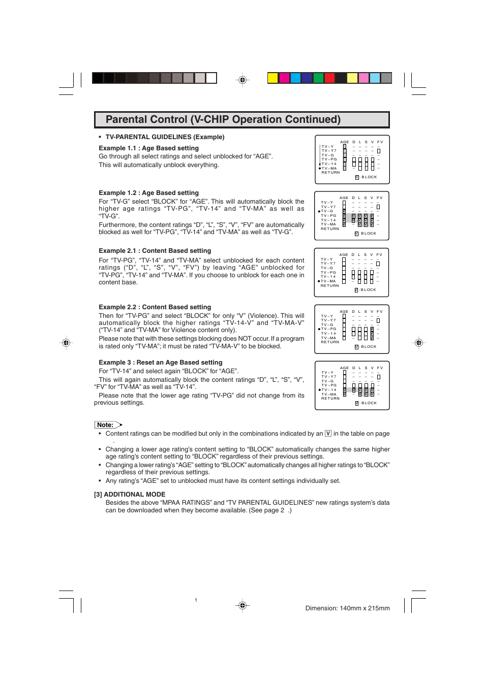 Parental control (v-chip operation continued) | Sharp 20F540 L User Manual | Page 19 / 59