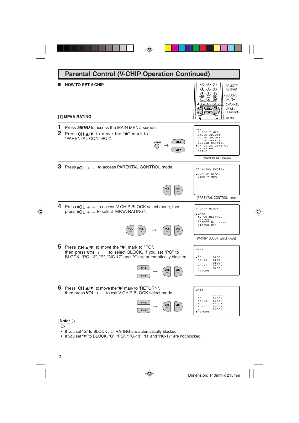 Parental control (v-chip operation continued), Press menu to access the main menu screen, Press to move the “a” mark to “parental control | Press to access parental control mode | Sharp 20F540 L User Manual | Page 20 / 59