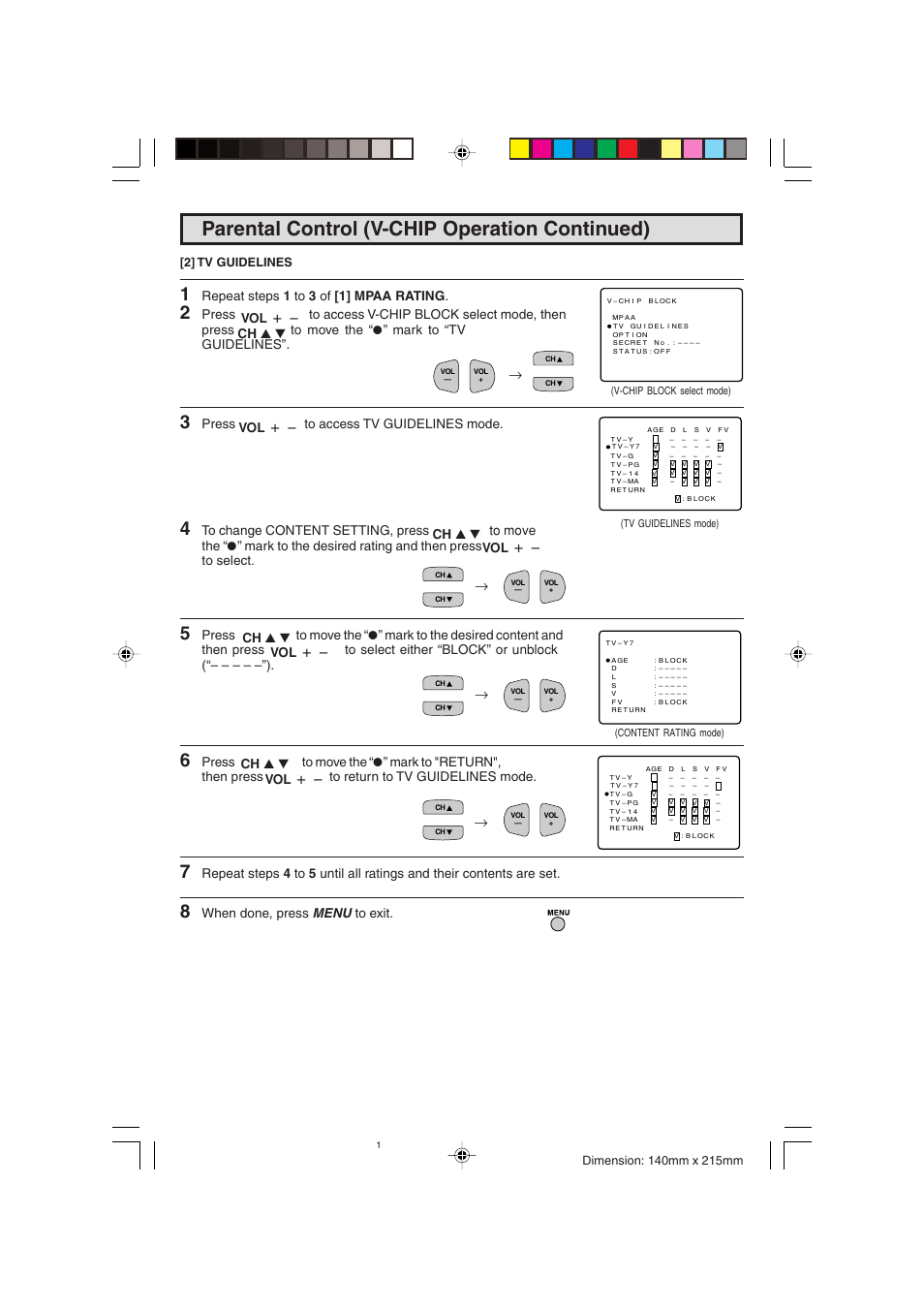 Parental control (v-chip operation continued), Repeat steps 1 to 3 of [1] mpaa rating, Press to access tv guidelines mode | When done, press menu to exit | Sharp 20F540 L User Manual | Page 21 / 59