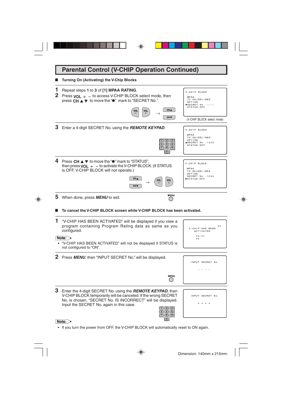 Parental control (v-chip operation continued), Repeat steps 1 to 3 of [1] mpaa rating, Enter a 4-digit secret no. using the remote keypad | When done, press menu to exit, Ch a / s vol k / l ch a / s vol k / l | Sharp 20F540 L User Manual | Page 24 / 59