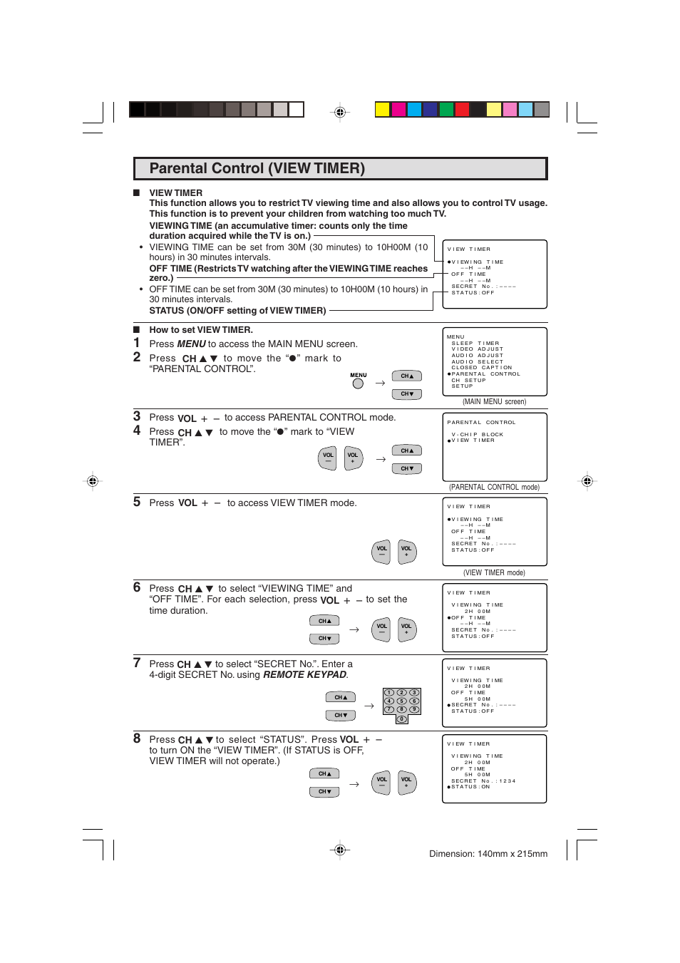 Parental control (view timer), Press menu to access the main menu screen, Press to move the “a” mark to “parental control | Press to access parental control mode, Press to move the “a” mark to “view timer, Press to access view timer mode | Sharp 20F540 L User Manual | Page 26 / 59