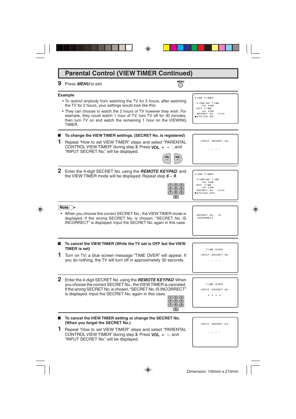 Parental control (view timer continued), Press menu to exit, Vol k / l vol k / l | Sharp 20F540 L User Manual | Page 27 / 59