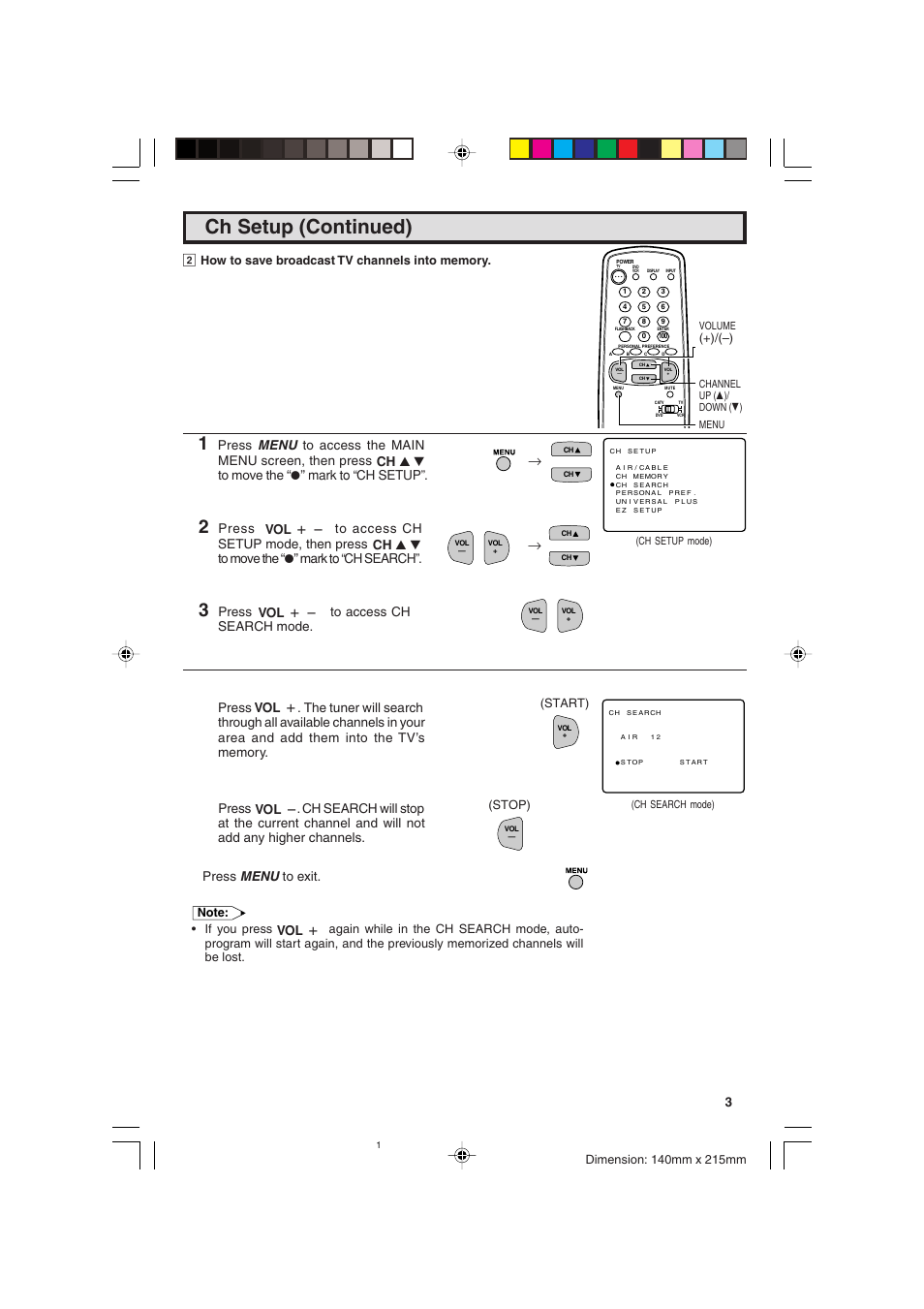 Ch setup (continued), Press to access ch search mode, Press menu to exit | Sharp 20F540 L User Manual | Page 31 / 59