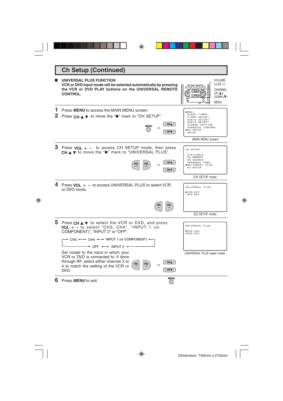 Ch setup (continued), Press menu to access the main menu screen, Press to move the “a” mark to “ch setup | Press menu to exit | Sharp 20F540 L User Manual | Page 34 / 59