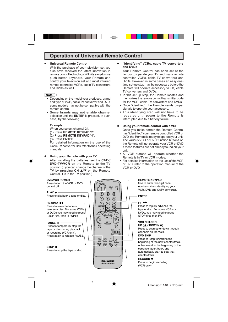 Operation of universal remote control | Sharp 20F540 L User Manual | Page 40 / 59