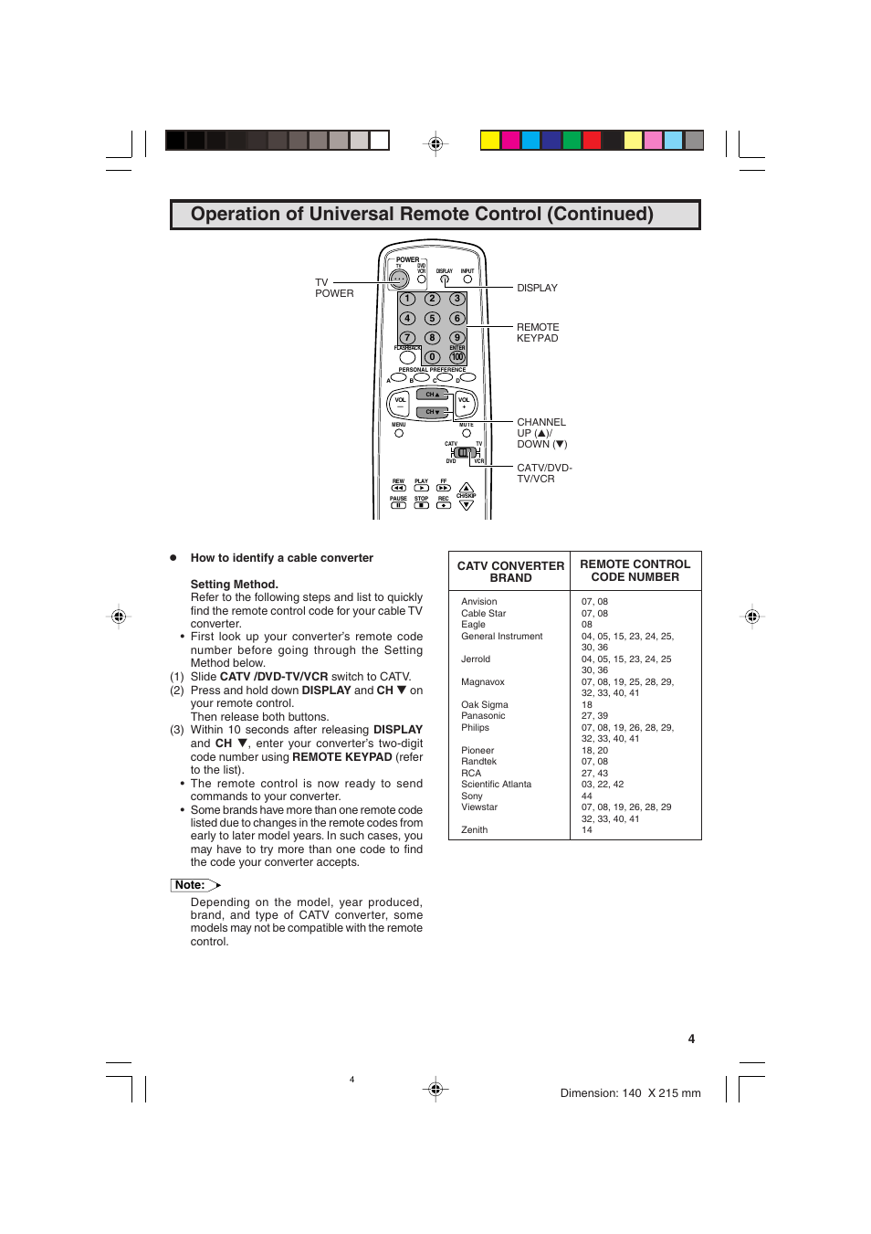 Operation of universal remote control (continued) | Sharp 20F540 L User Manual | Page 43 / 59