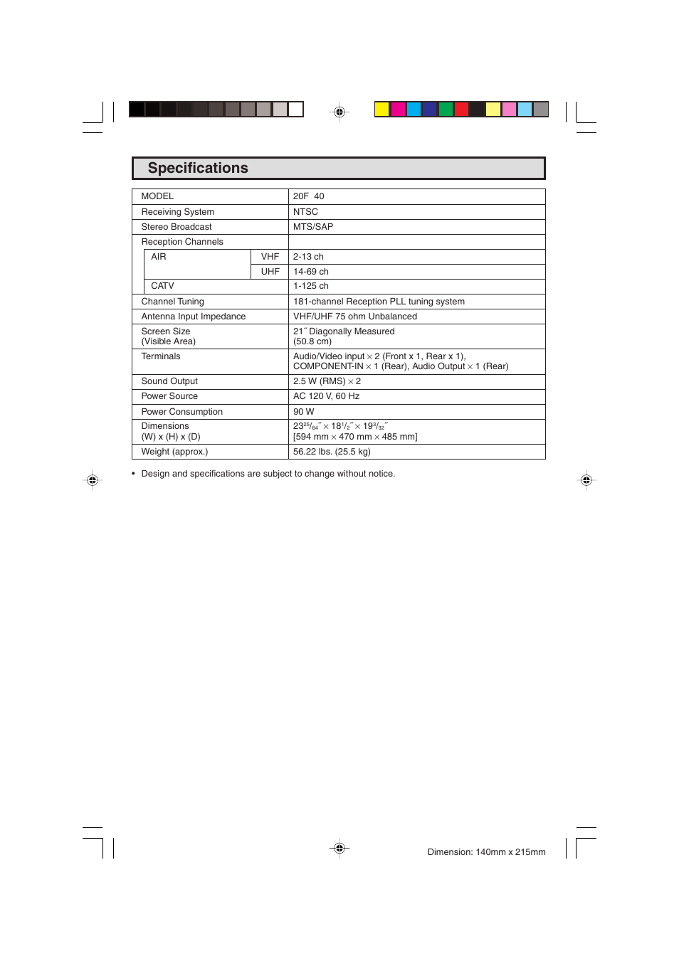 Specifications | Sharp 20F540 L User Manual | Page 45 / 59