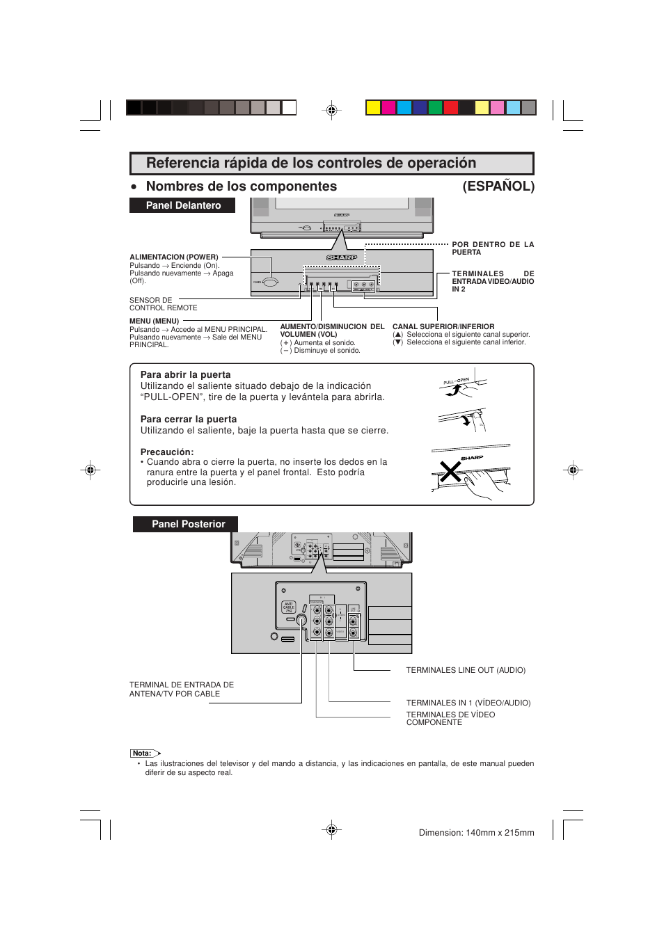 Referencia rápida de los controles de operación, Nombres de los componentes (español), Panel delantero | Panel posterior | Sharp 20F540 L User Manual | Page 49 / 59