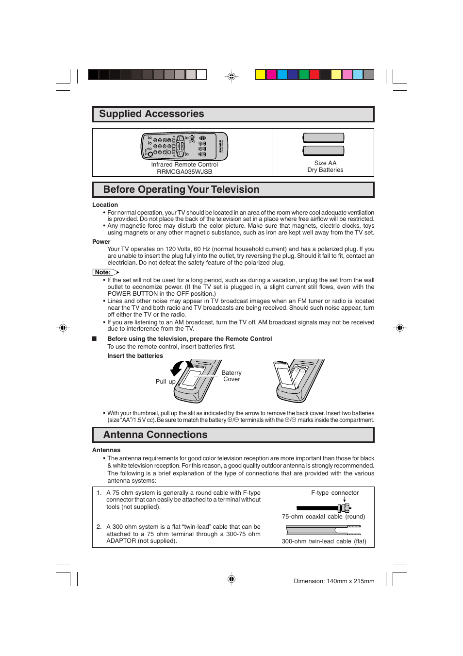 Before operating your television, Antenna connections, Supplied accessories | Sharp 20F540 L User Manual | Page 5 / 59