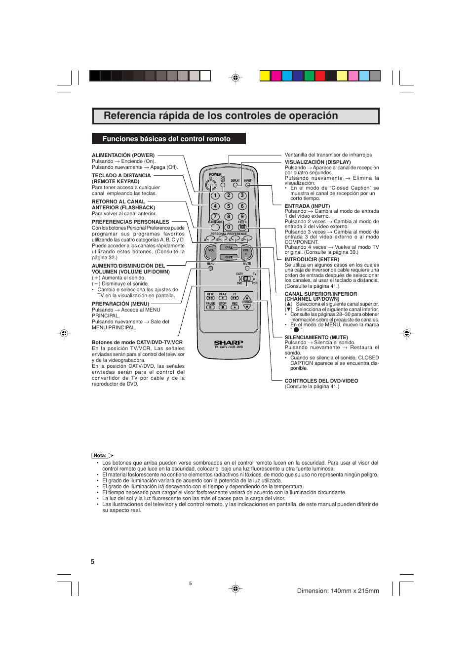 Referencia rápida de los controles de operación, Funciones básicas del control remoto | Sharp 20F540 L User Manual | Page 50 / 59