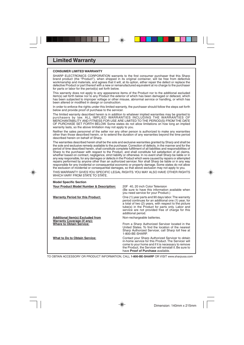 Limited warranty | Sharp 20F540 L User Manual | Page 59 / 59