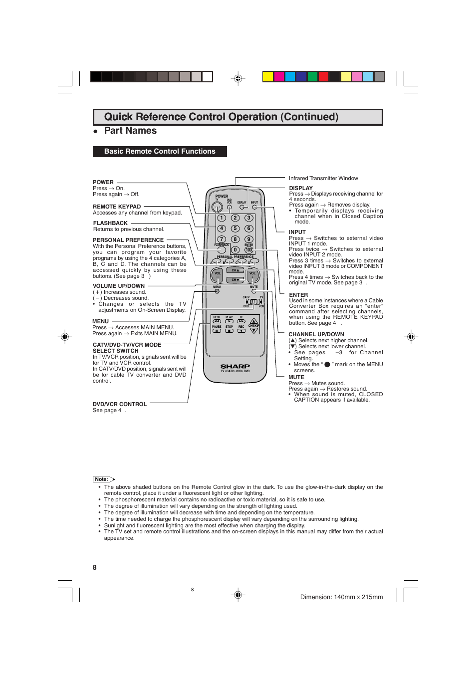 Quick reference control operation, Quick reference control operation (continued), Part names | Basic remote control functions | Sharp 20F540 L User Manual | Page 8 / 59