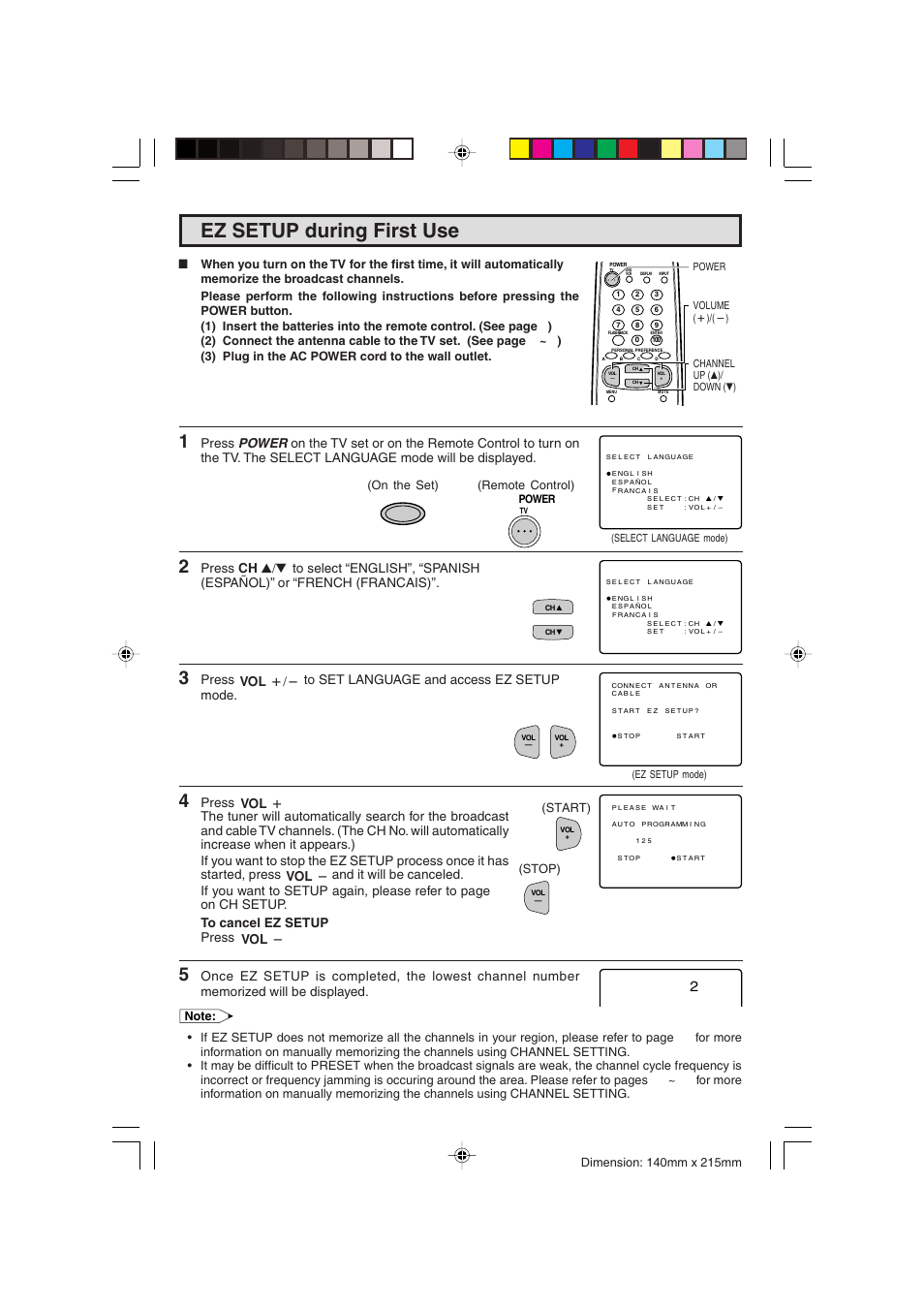 Ez setup during first use, Press to set language and access ez setup mode, Ch a / s vol k / l vol l vol k | Vol l 9 | Sharp 20F540 L User Manual | Page 9 / 59