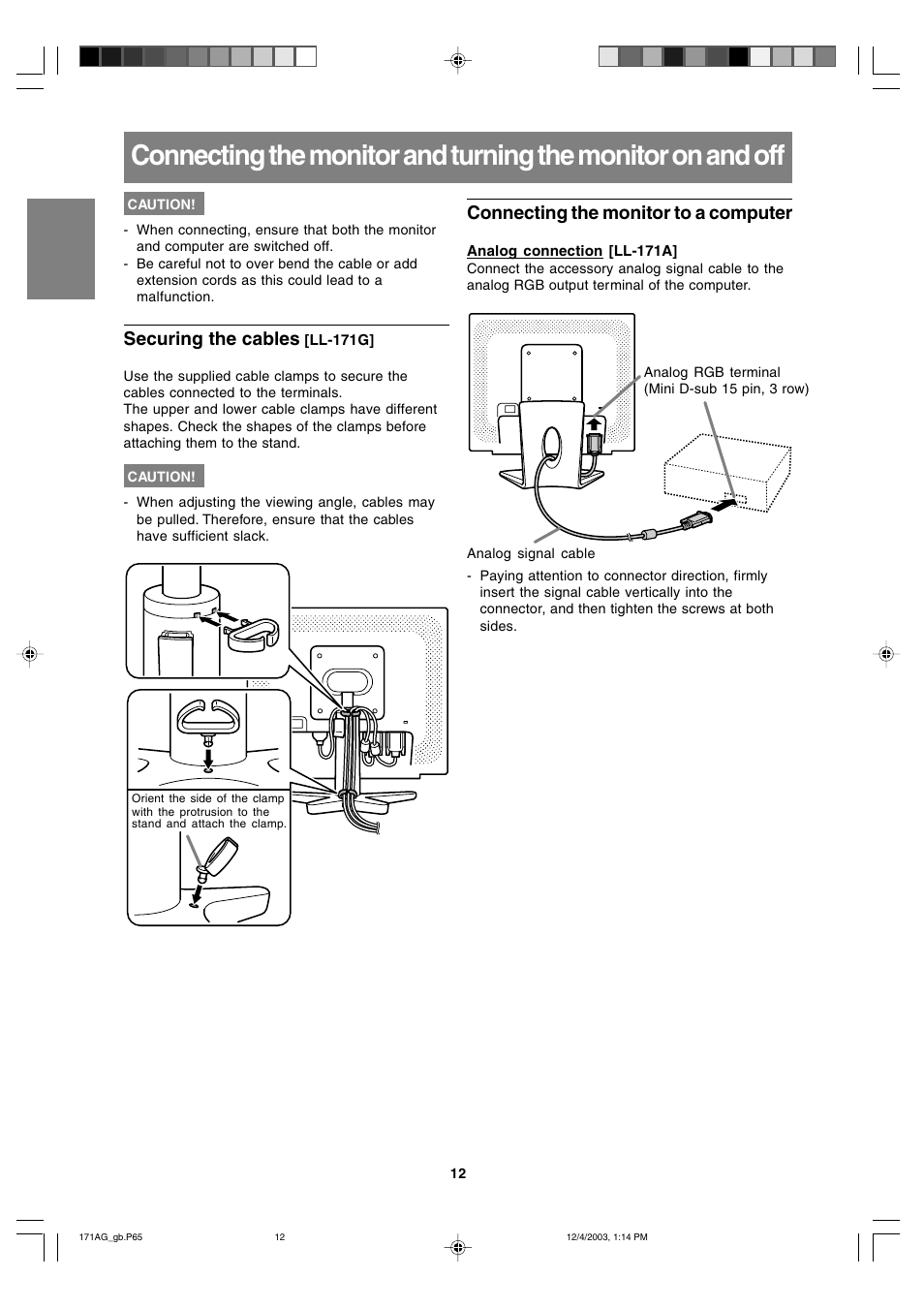 Securing the cables, Connecting the monitor to a computer | Sharp LL-171G User Manual | Page 11 / 35