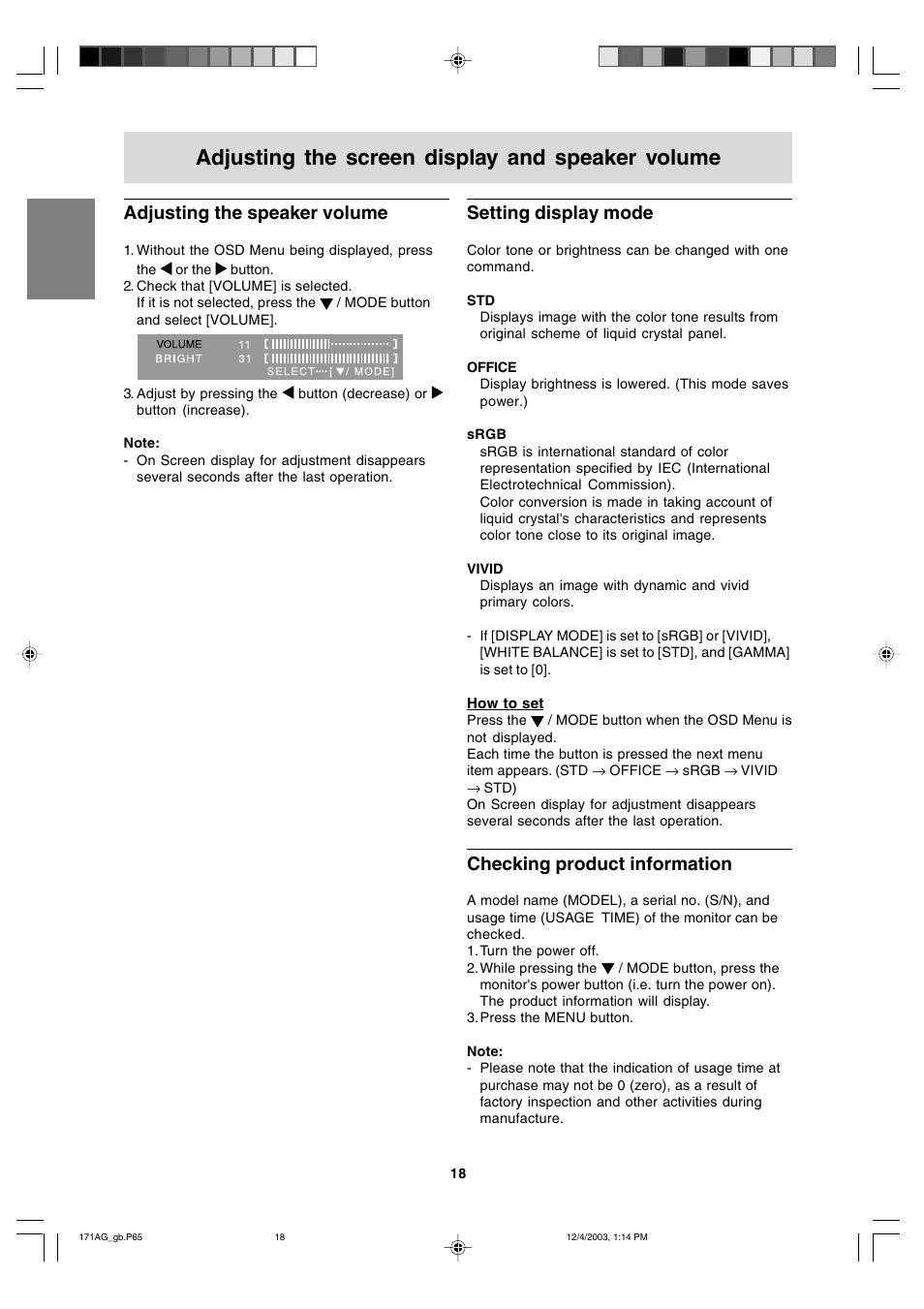 Adjusting the screen display and speaker volume, Adjusting the speaker volume, Setting display mode | Checking product information | Sharp LL-171G User Manual | Page 17 / 35