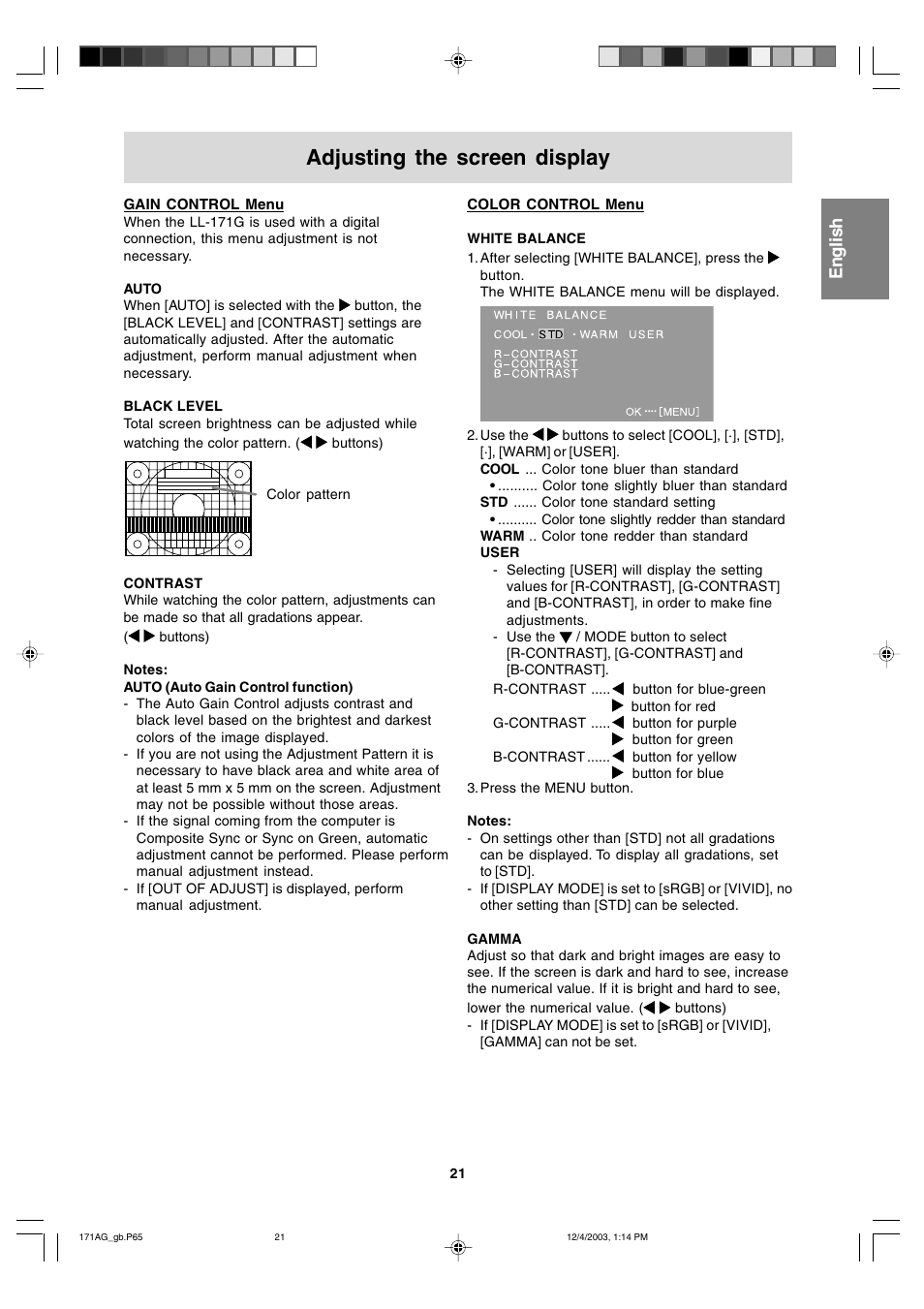 Adjusting the screen display | Sharp LL-171G User Manual | Page 20 / 35