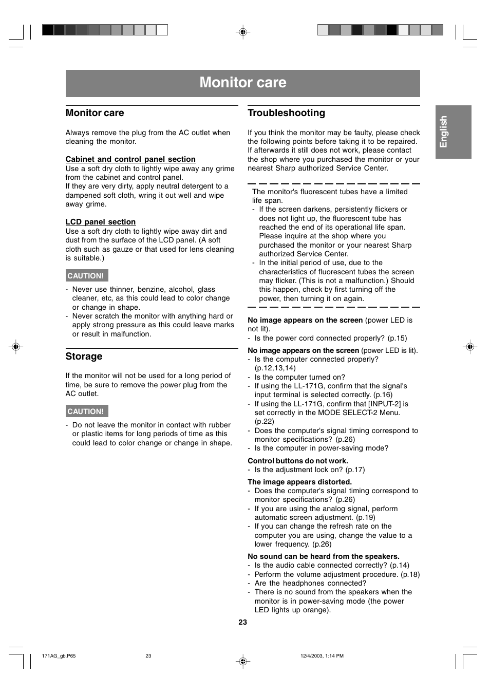 Monitor care, Storage, Troubleshooting | Sharp LL-171G User Manual | Page 22 / 35