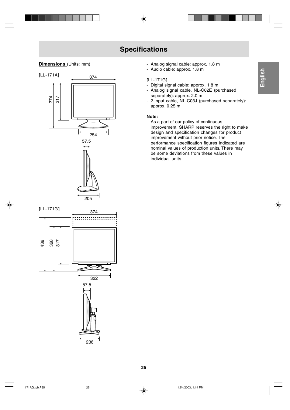 Specifications | Sharp LL-171G User Manual | Page 24 / 35