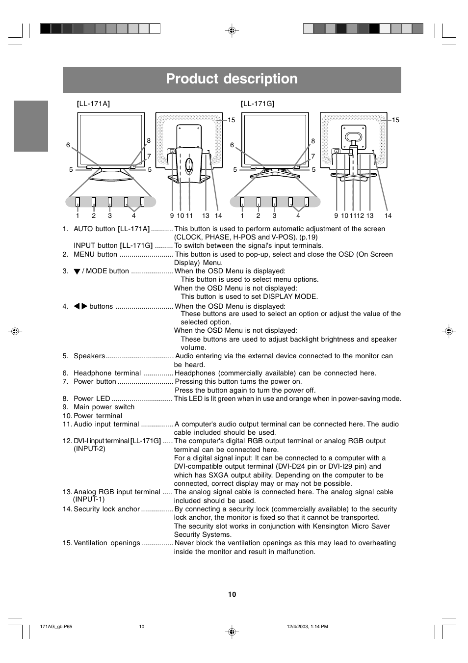 Product description | Sharp LL-171G User Manual | Page 9 / 35