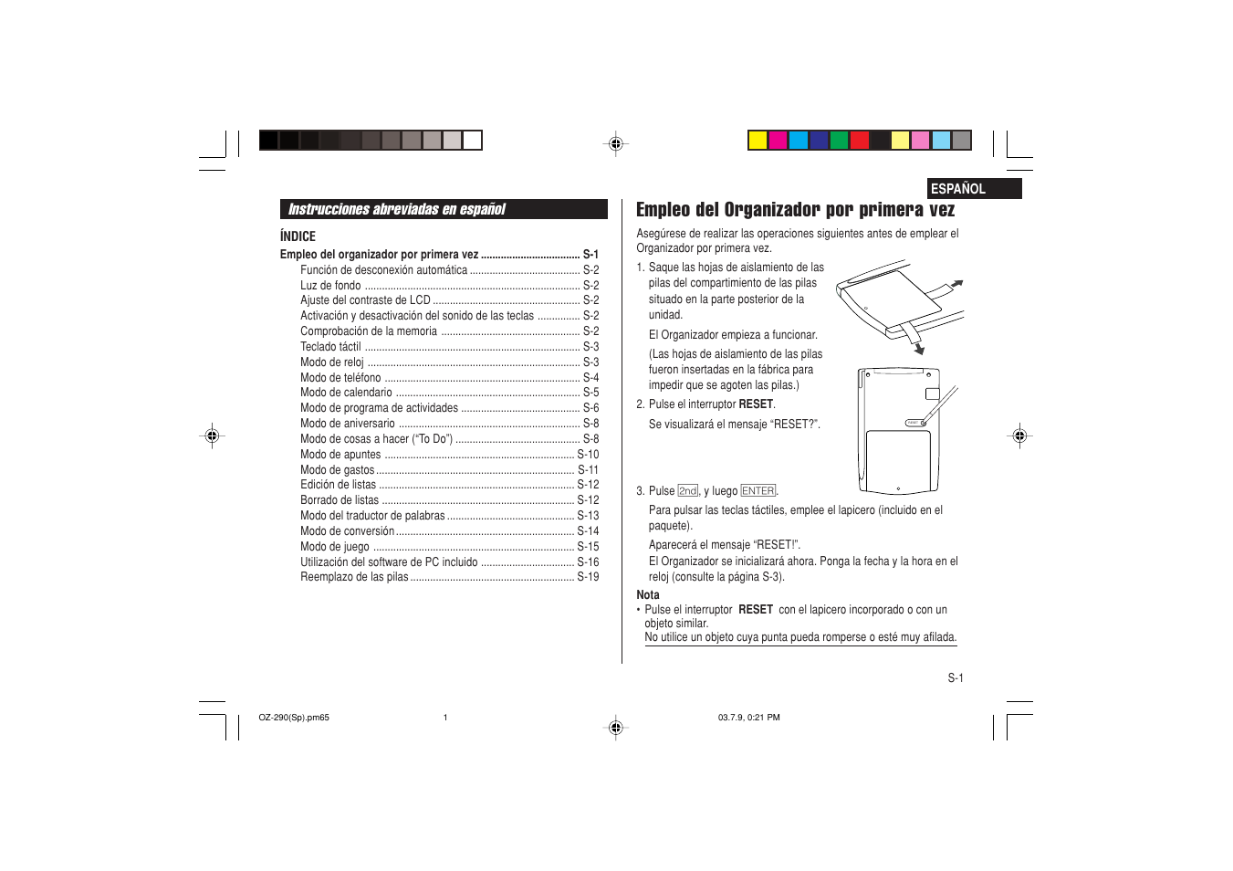 Empleo del organizador por primera vez | Sharp OZ-290 User Manual | Page 39 / 60