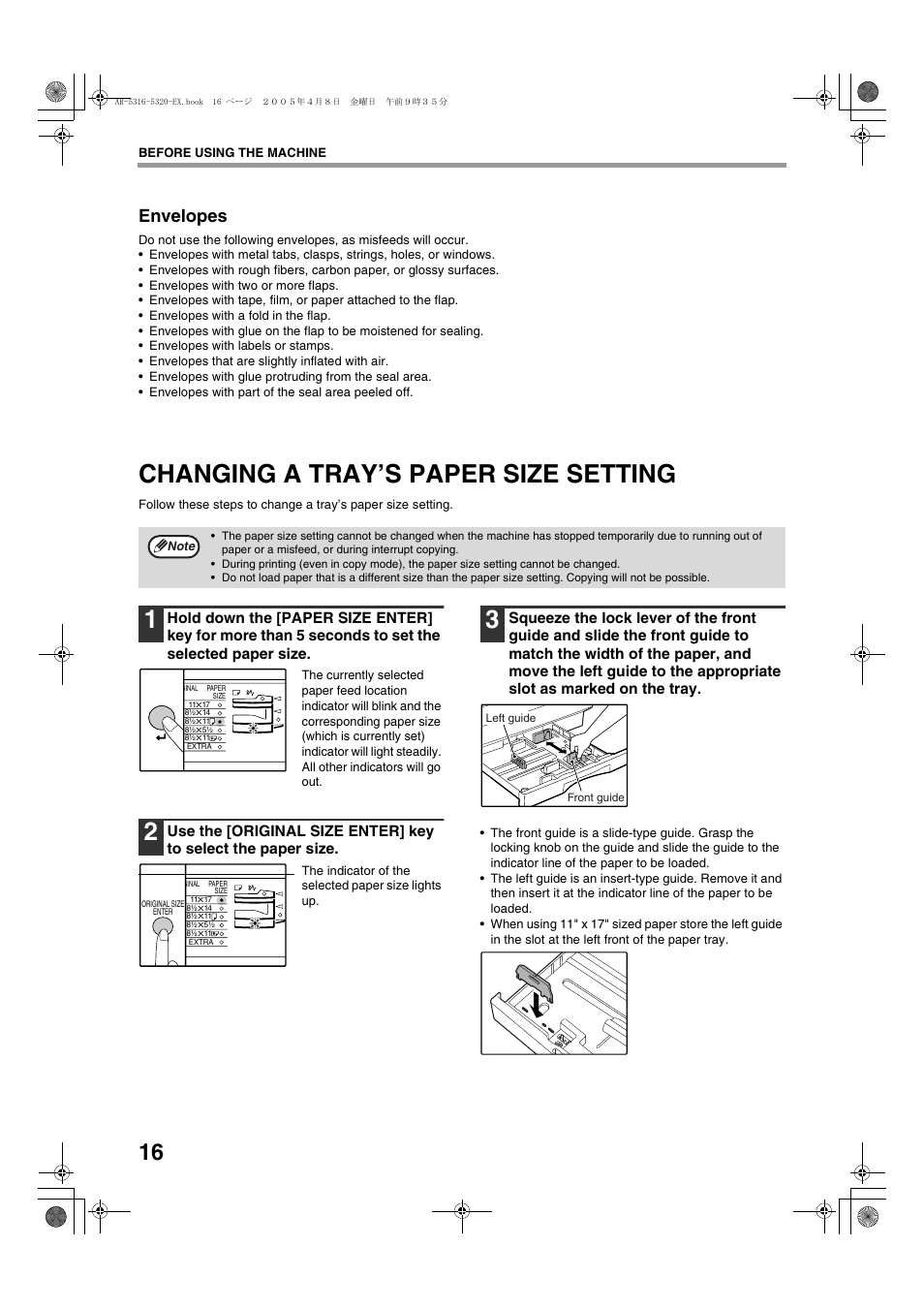 Changing a tray’s paper size setting, Envelopes, Use the [original size enter] key | Sharp AR-5316 User Manual | Page 18 / 80