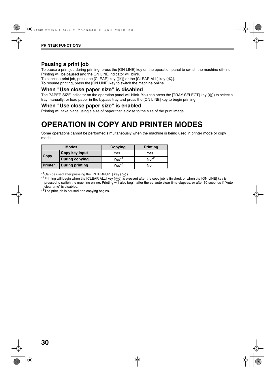 Operation in copy and printer modes, Pausing a print job, When "use close paper size" is disabled | When "use close paper size" is enabled | Sharp AR-5316 User Manual | Page 32 / 80