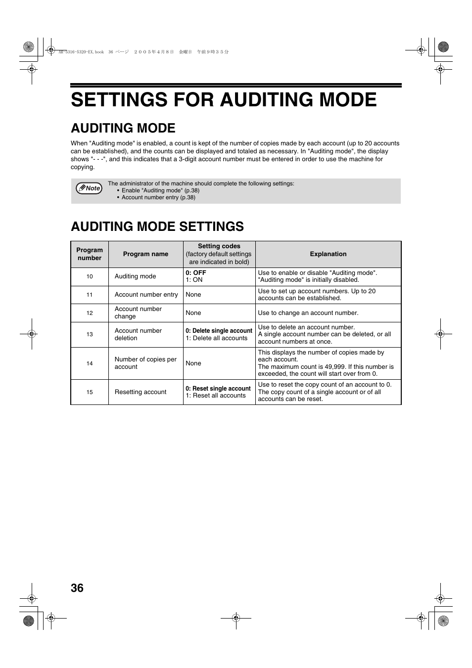 Settings for auditing mode, Auditing mode, Auditing mode settings | Sharp AR-5316 User Manual | Page 38 / 80