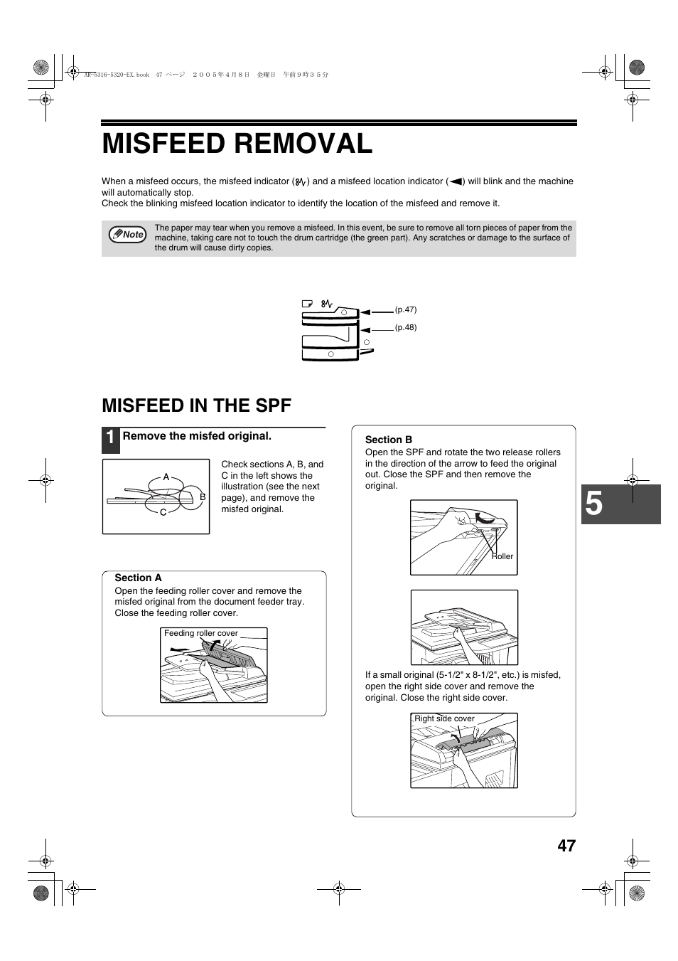 Misfeed removal, Misfeed in the spf 1 | Sharp AR-5316 User Manual | Page 49 / 80