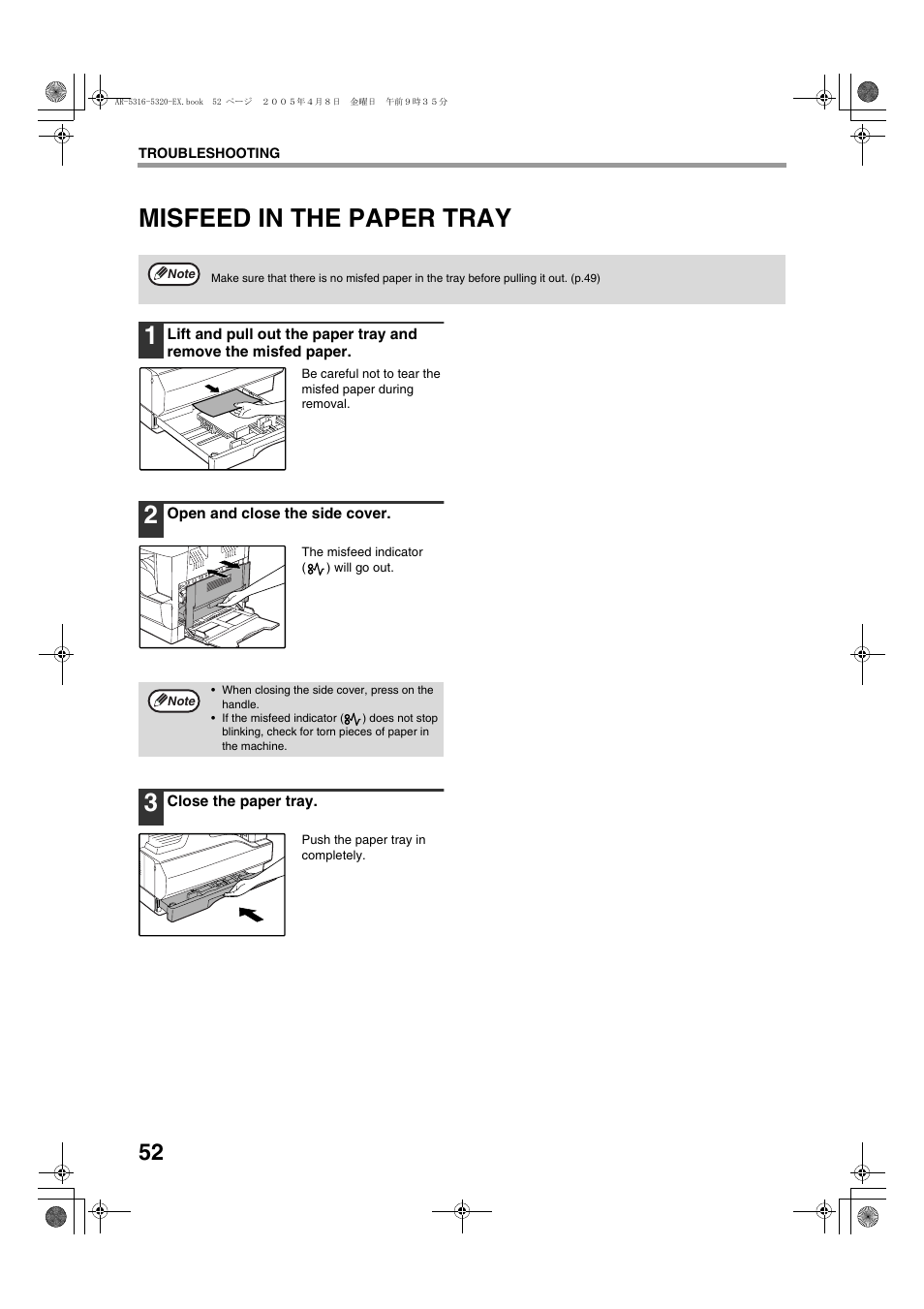 Misfeed in the paper tray 1 | Sharp AR-5316 User Manual | Page 54 / 80
