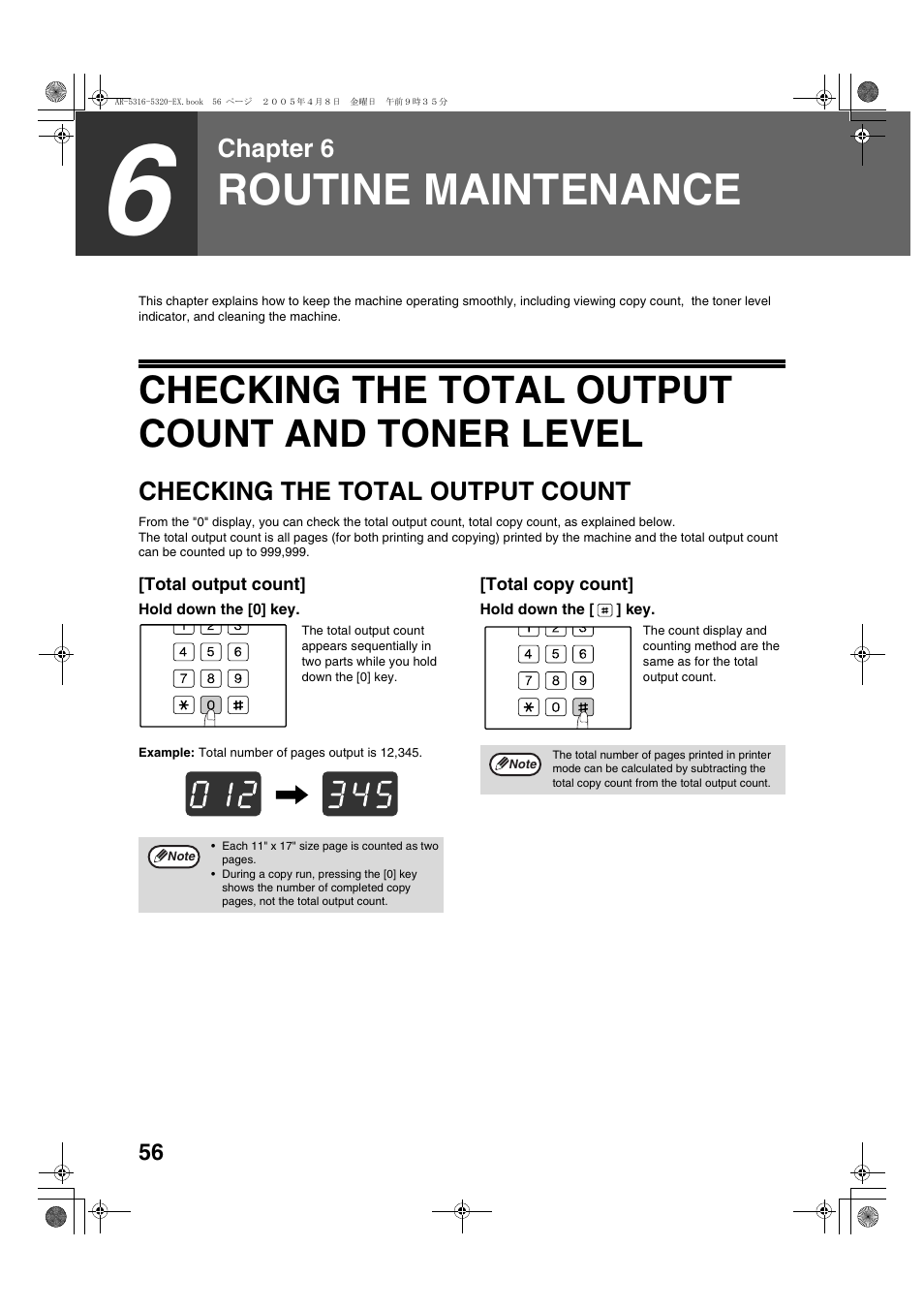 Routine maintenance, Checking the total output count and toner level, Chapter 6 | Checking the total output count | Sharp AR-5316 User Manual | Page 58 / 80