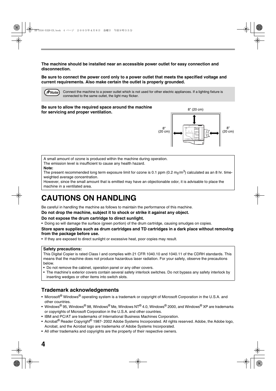 Cautions on handling, Trademark acknowledgements | Sharp AR-5316 User Manual | Page 6 / 80