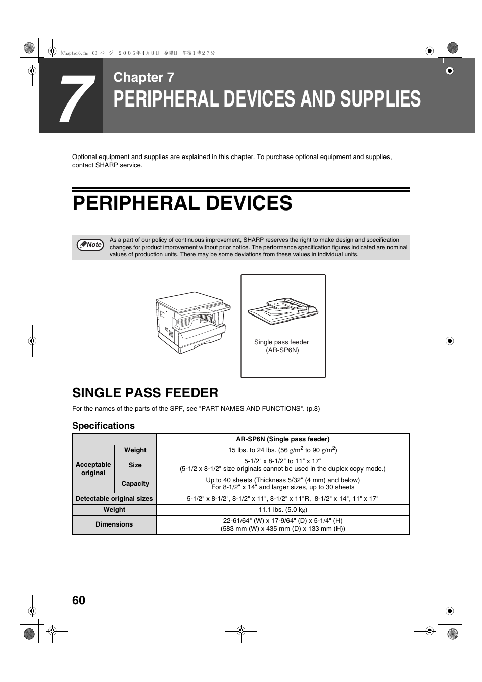Peripheral devices and supplies, Peripheral devices, Chapter 7 | Single pass feeder | Sharp AR-5316 User Manual | Page 62 / 80