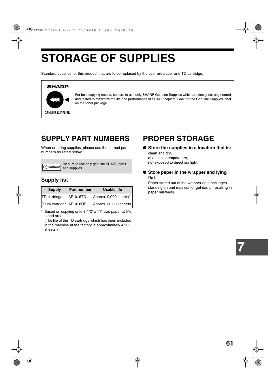 Storage of supplies, Supply part numbers, Proper storage | Sharp AR-5316 User Manual | Page 63 / 80