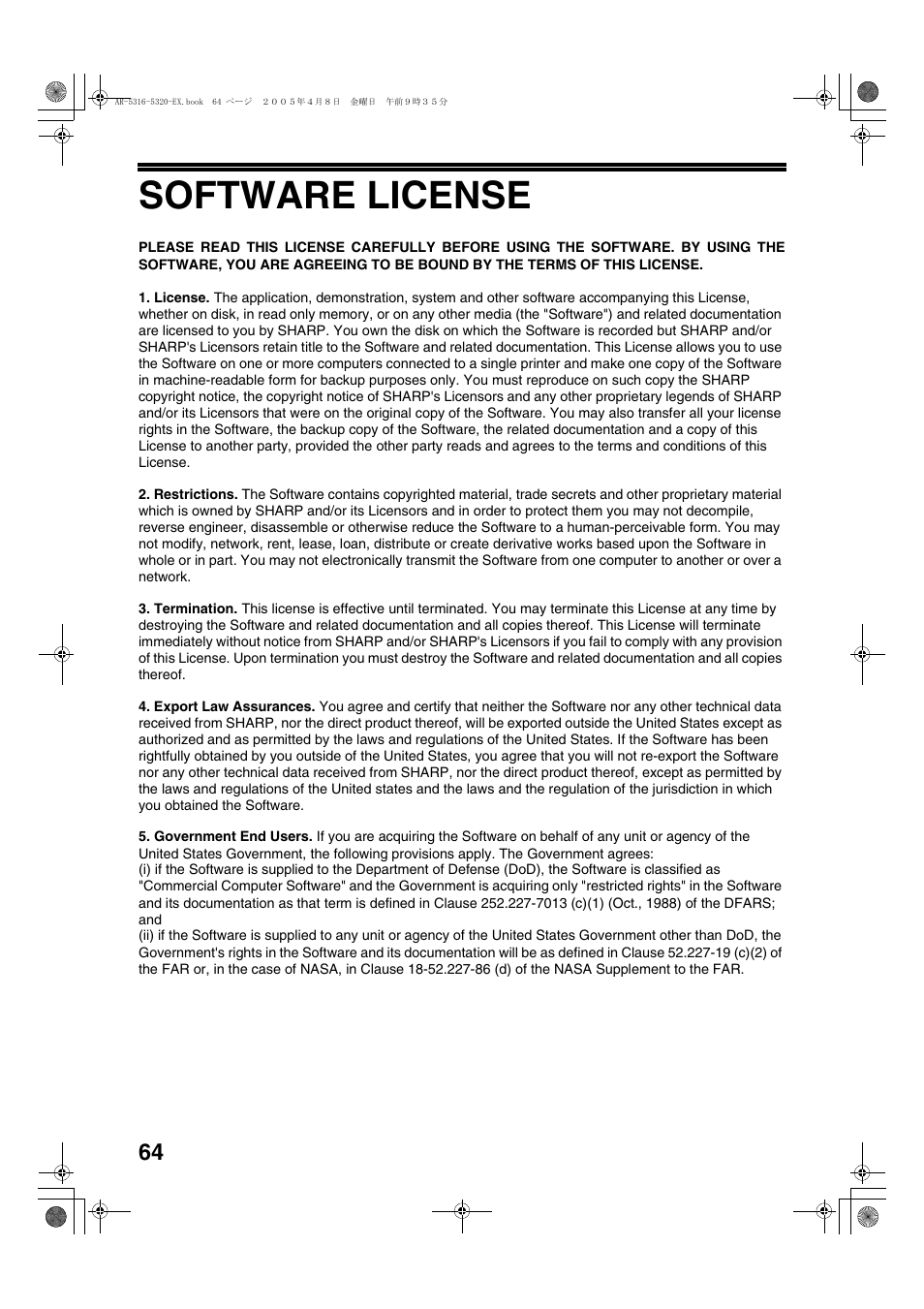Software license | Sharp AR-5316 User Manual | Page 66 / 80